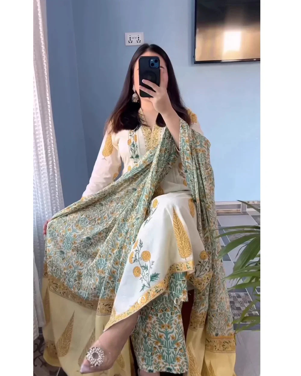 Ivory & Yellow Floral Printed Kurta Set with Matching Dupatta