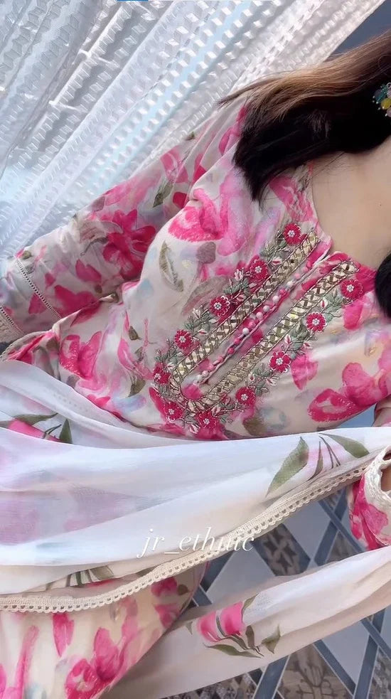 Pink stunning Floral Suit Set With Dupatta