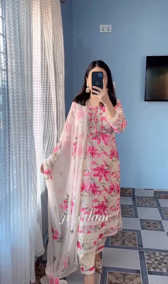Pink stunning Floral Suit Set With Dupatta